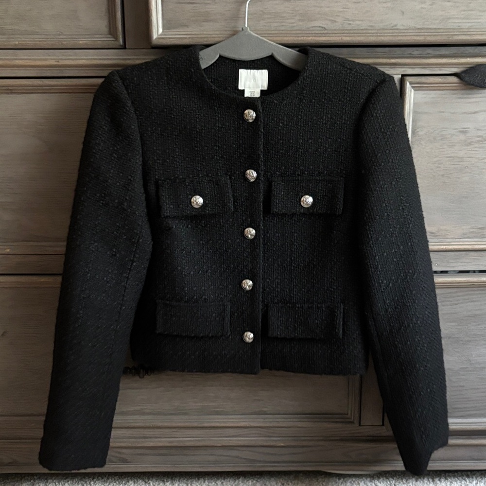 H&M Black Tweed Cropped Button Blazer